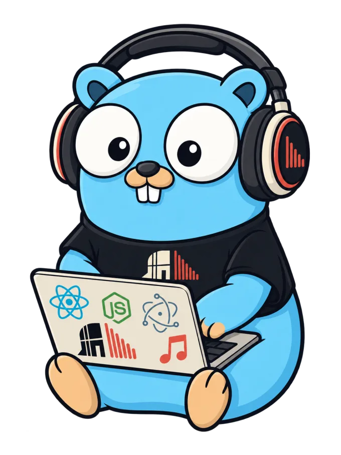 Wave Silo's gopher mascot wearing headphones, coding on a sticker-covered laptop