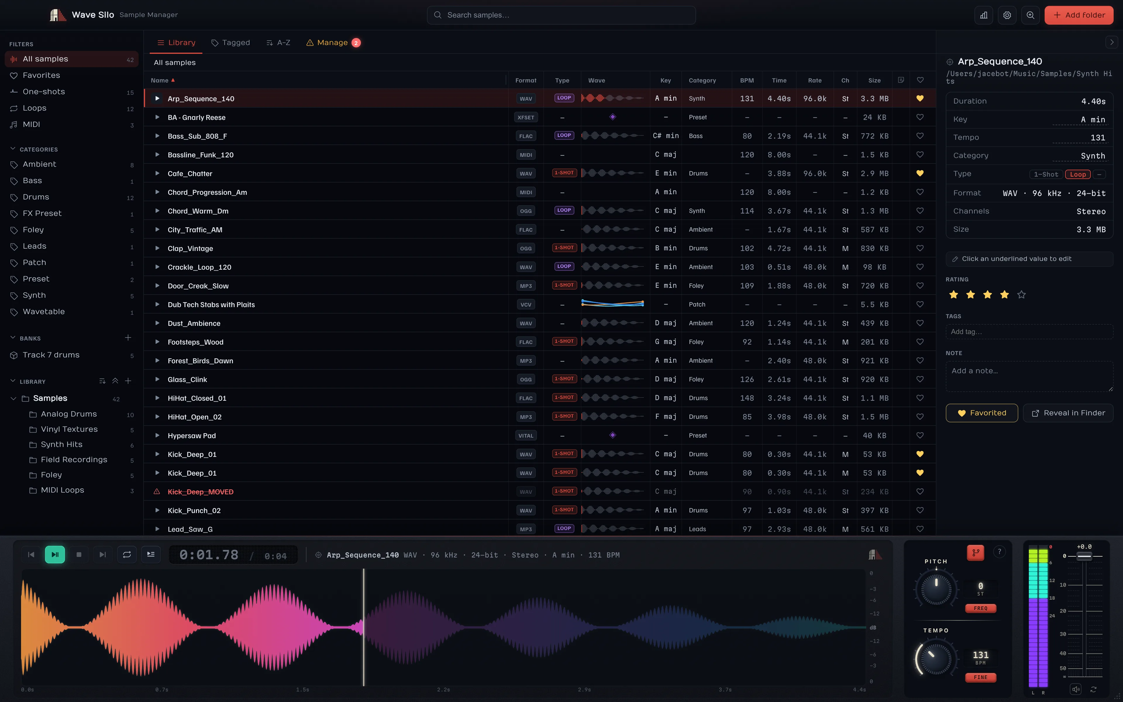 Wave Silo library of samples with waveforms, BPM, key and categories, and a live colored waveform in the player
